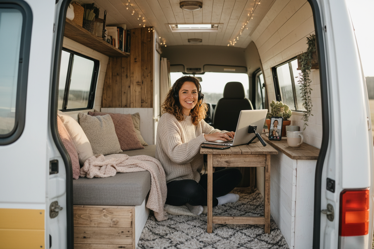 Bild für die mobile ansicht für den Bereich: Kontakt. Service Bild am besten Vanlifer im  Van mit Laptop und handy