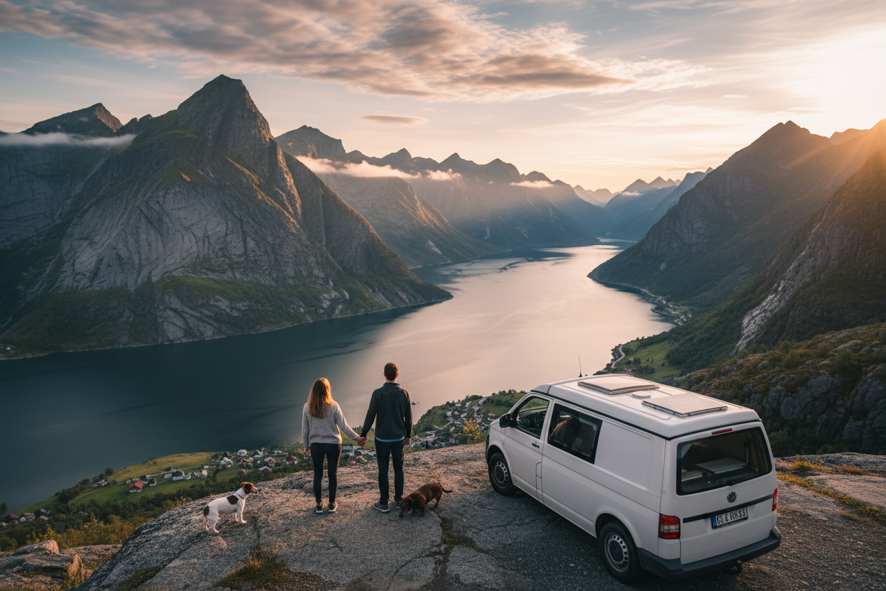 Titelbild für über uns. Ein Vanlife Paar mit einem Kastenwagen mit Hund Jack Russel terrier und Dackel. stehen auf einem Berg und schauen in den norwegischen fjord runter. sie sind mit dem Rücken zur Kamera. Sie schauen in die weite und sehen Gkücklich aus halten händchen.